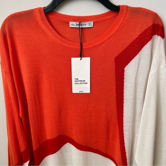 Zara Knit Colorblock Viscose Blend Tunic Sweater Lightweight Orange Ivory Fall S - Picture 3 of 12